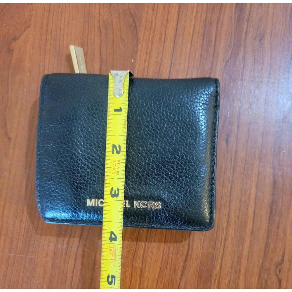 Michael Kors Black Pebbled Leather Bifold Compact Wallet Gold Logo Zipper Pocket